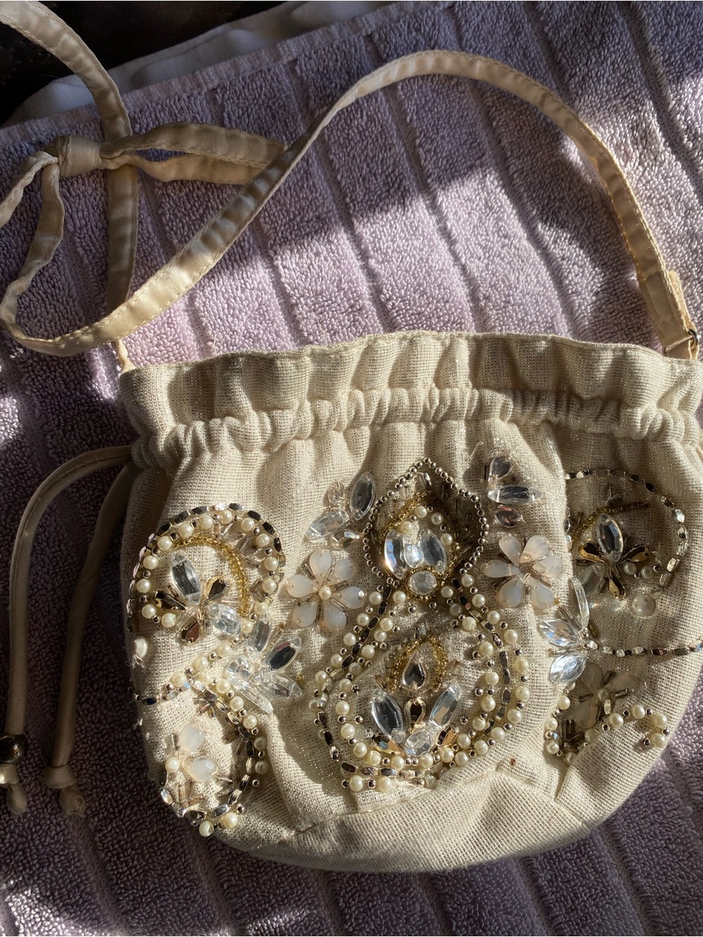 Vintage Y2K Angels Beaded Potli Drawstring Purse Pearl Evening Bag Cream Boho